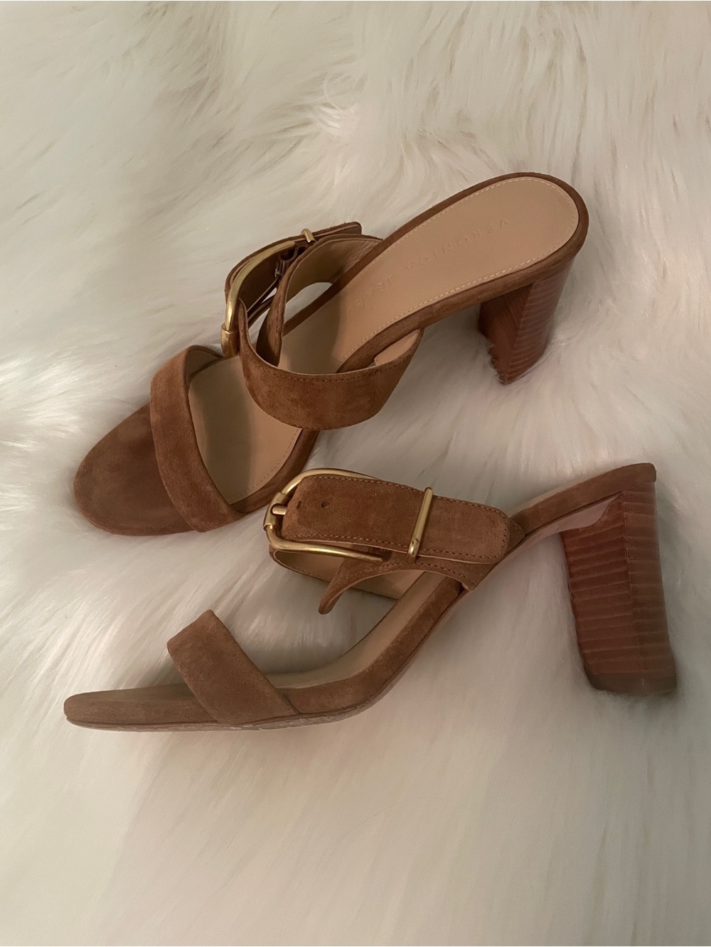 Veronica Beard - Tan Suede Block Heel Sandals with Gold Buckle - 7